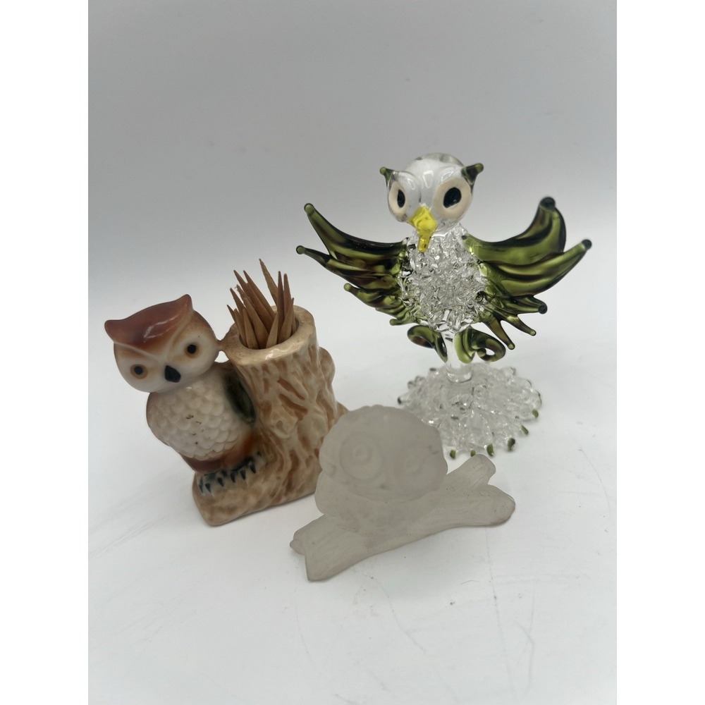 Lot Of 3 Vintage Glass Ceramic Owl Statue Green Owl Figurine Toothpick Holder AC